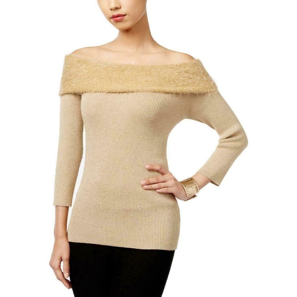 ^ NY Collection Women's Large NWT Knit Off Shoulder Gold Metallic Top …